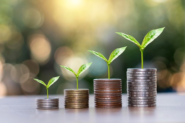 Monete e alberi sul mucchio di monete con uno sfondo verde sfocato concetto di crescita degli investimenti finanziari