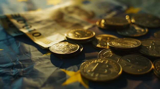 Monete e banconote sul tavolo contro la bandiera dell'Unione europea in primo piano