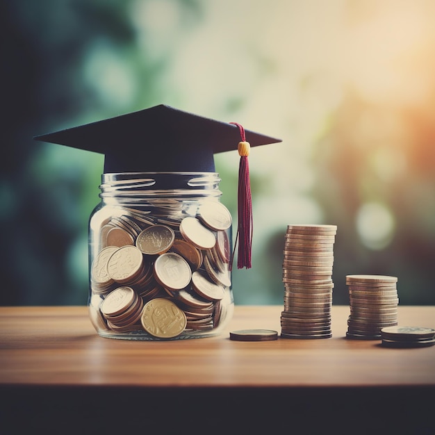Monete in barattolo poste sopra da un tappo di laurea con una pila di denaro che aumenta la crescita risparmiando denaro inves