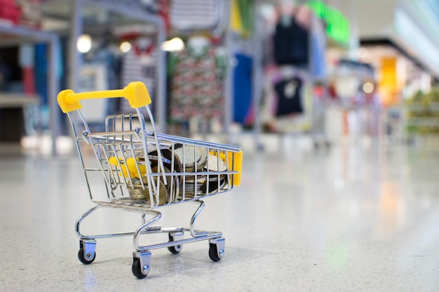 Monete nel carrello della spesa al negozio