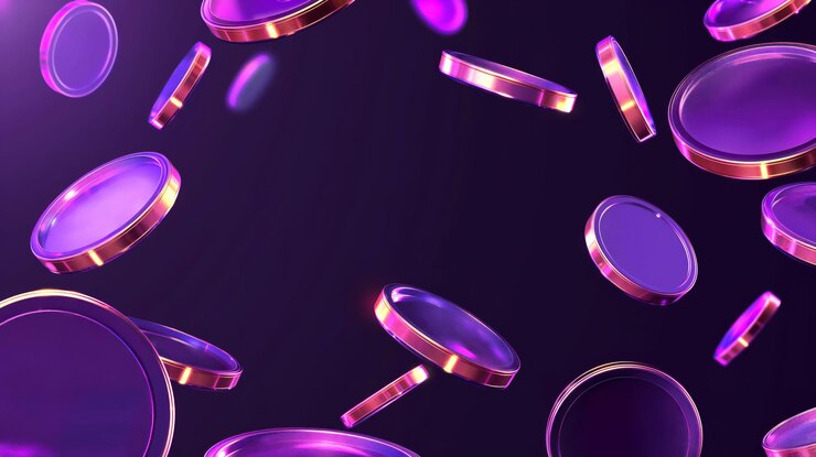Monete viola senza nome che levitano e cadono Copia lo sfondo dello spazio