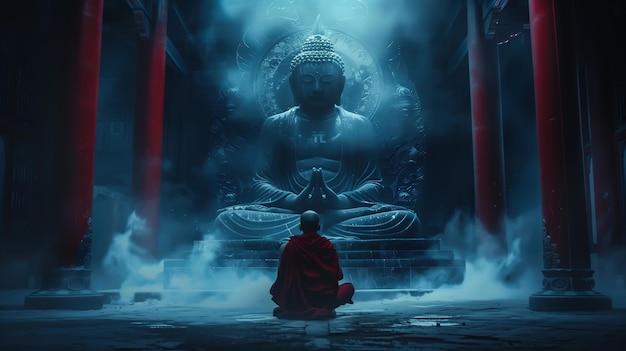 Mongi buddisti impegnati vicino alla serena statua di Buddha Harmony and Serenity Concept Generative AI