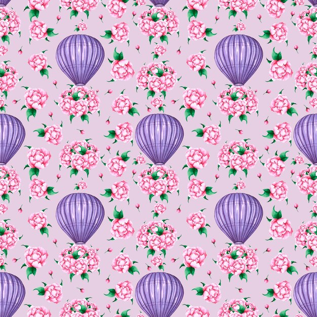 Mongolfiera acquerello viola con fiori di peonia motivo senza cuciture Illustrazione dipinta a mano su sfondo blu Per il design stampa tessuto o sfondo