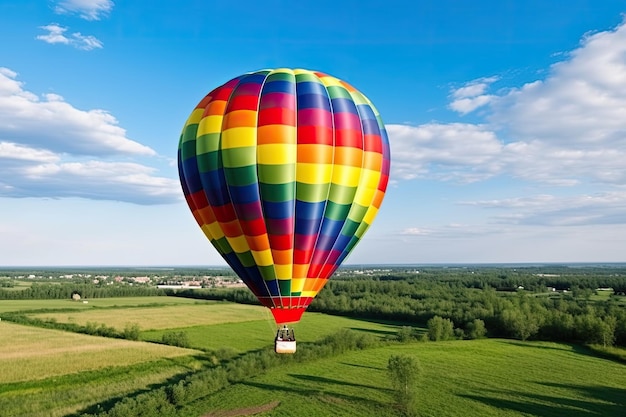 Mongolfiera nella fattoria verde sullo sfondo del cielo blu