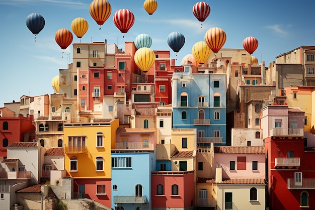 mongolfiere che volano via da un balcone nello stile di immagini illusorie paesaggi urbani colorati
