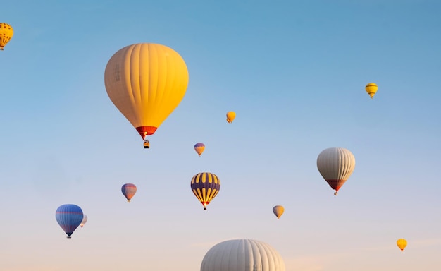 Mongolfiere colorate che volano nel cielo blu chiaro