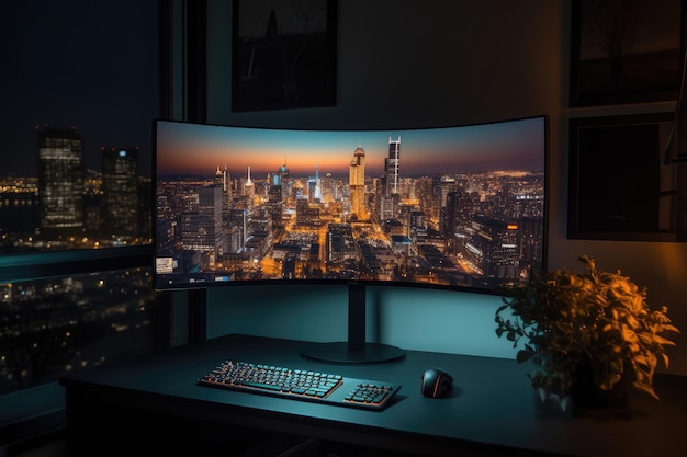 Monitor con paesaggio urbano come sfondo del desktop IA generativa