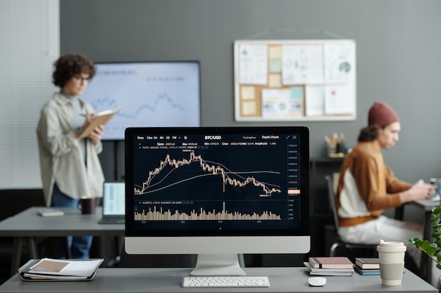 Monitor del computer con dati finanziari grafici sullo schermo in piedi sulla scrivania