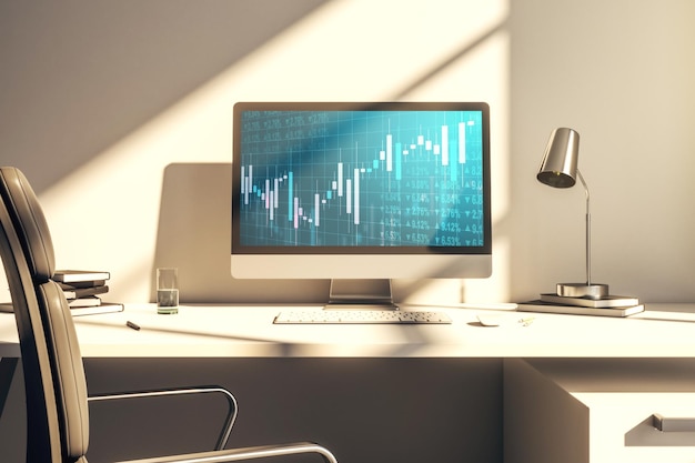 Monitor del computer con grafico finanziario astratto e concetto di trading Rendering 3D
