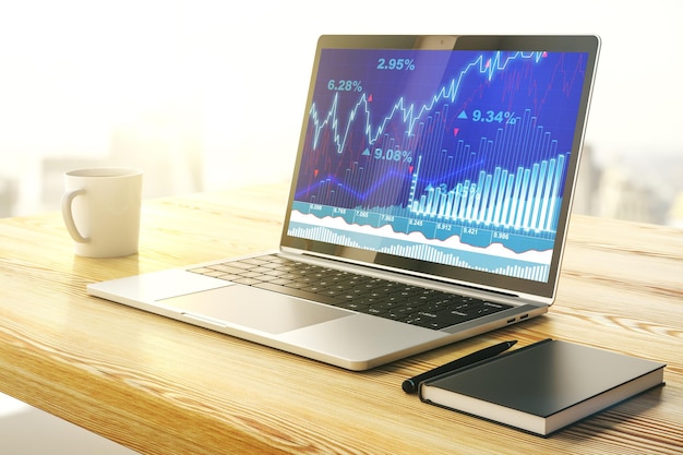 Monitor del computer con grafico finanziario astratto e concetto di trading Rendering 3D