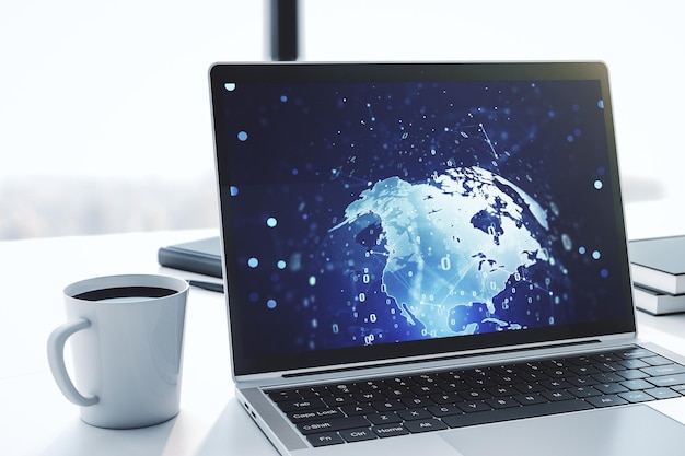 Monitor del computer con illustrazione astratta della programmazione creativa e mappa del mondo Big Data e concetto blockchain rendering 3D