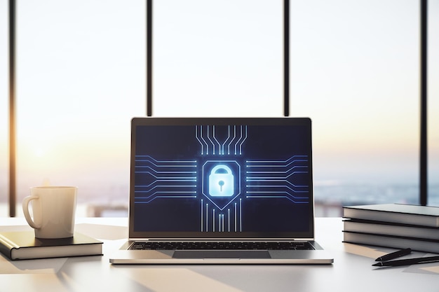 Monitor del computer con illustrazione creativa del blocco della luce e rendering 3D del concetto di sicurezza informatica del microcircuito