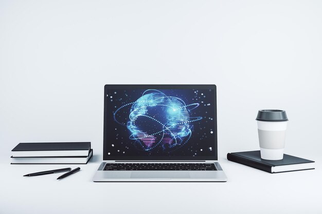 Monitor del computer con mappa del mondo digitale grafica astratta con concetto di globalizzazione delle connessioni rendering 3D