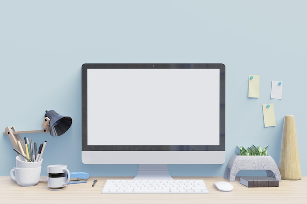 Monitor del computer del modello sul fondo blu della parete della parte posteriore dello scrittorio, rappresentazione 3d