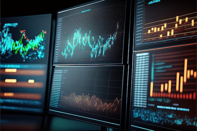 Monitor dello schermo del computer con grafici finanziari statistici analisi e statistiche Generative Ai