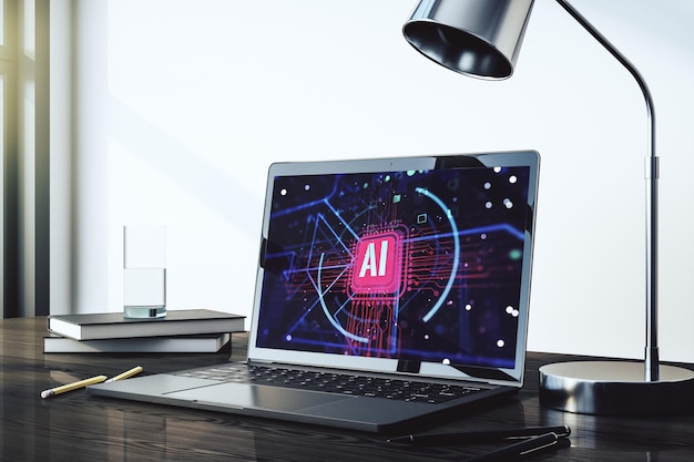 Monitor di computer con abbreviazione di intelligenza artificiale creativa Tecnologia futura e concetto di AI Rendering 3D