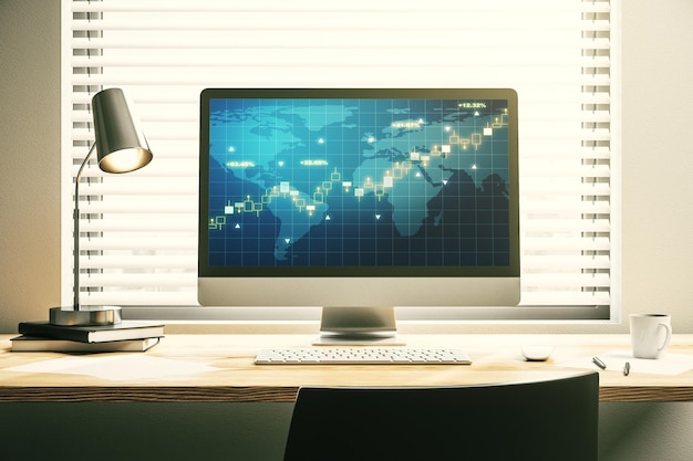 Monitor di computer con grafico finanziario creativo astratto con mappa del mondo concetto finanziario e commerciale 3D Rendering