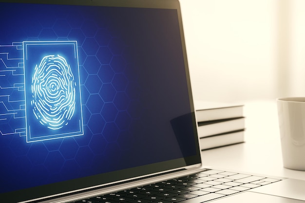 Monitor di computer con illustrazione astratta di impronte digitali creativa concetto di dati biometrici personali rendering 3D