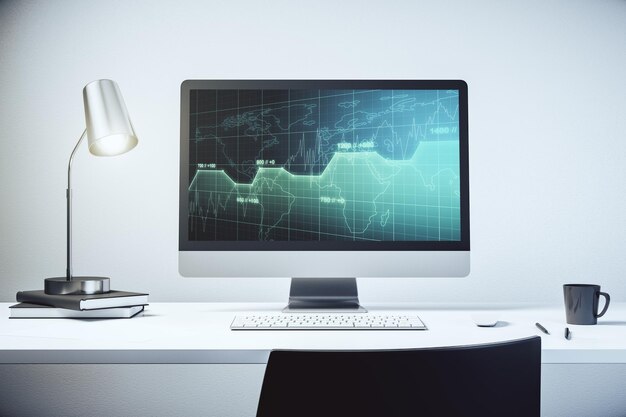 Monitor di computer moderno con dati statistici astratti interfaccia ologramma calcolo e analisi concetto 3D Rendering