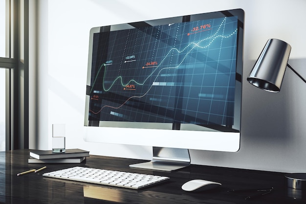 Monitor di computer moderno con dati statistici astratti interfaccia ologramma calcolo e analisi concetto 3D Rendering