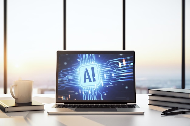 Monitor di computer moderno con icona di intelligenza artificiale creativa Reti neurali e concetto di apprendimento automatico Rendering 3D