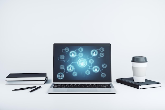 Monitor di computer moderno con il concetto di icone di social network Concetto di marketing e promozione rendering 3D