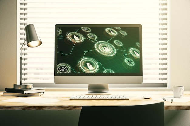 Monitor di computer moderno con il concetto di icone di social network Concetto di marketing e promozione rendering 3D