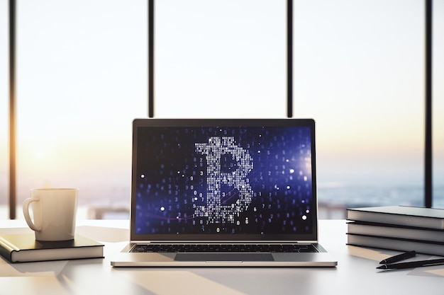 Monitor di computer moderno con simbolo creativo di Bitcoin Concetto di criptovaluta Rendering 3D