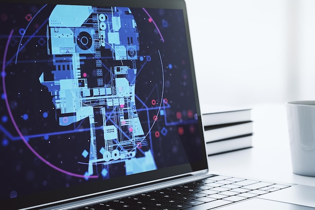Monitor di computer moderno con simbolo di intelligenza artificiale creativa Reti neurali e concetto di apprendimento automatico Rendering 3D