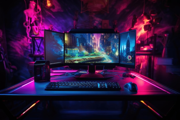 Monitor di computer sul tavolo in una stanza buia con luci al neon PC di gioco su un tavolo di videogiochi in una stanza oscura con luce al neon AI generato