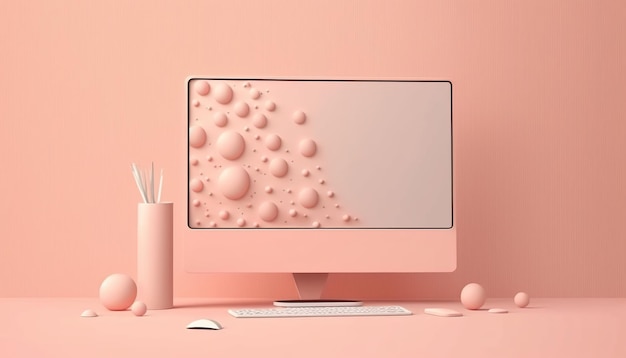 Monitor di un computer rosa con uno sfondo rosa e una tastiera bianca.