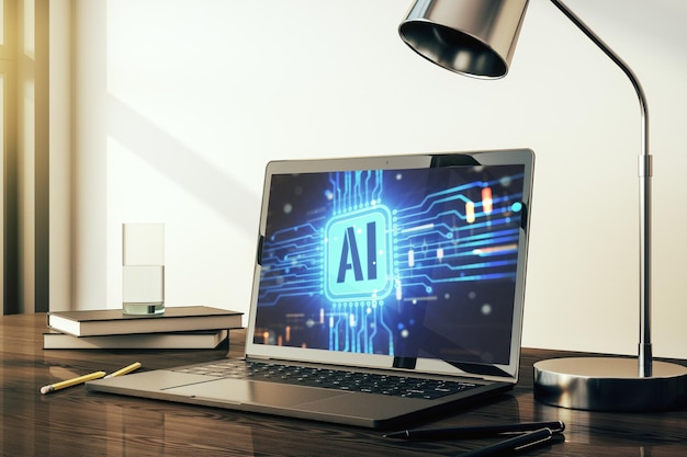 Monitor per computer moderno con icona di intelligenza artificiale creativa Reti neurali e concetto di apprendimento automatico Rendering 3D