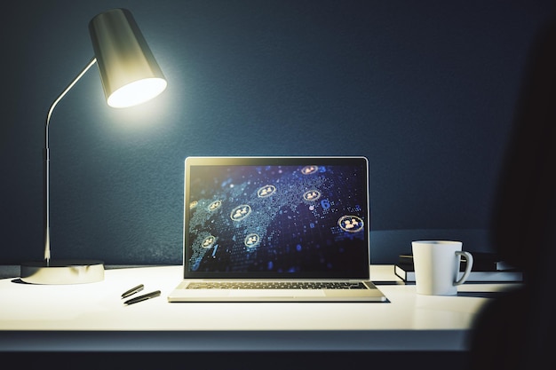 Monitor per computer moderno con icone di social network con mappa del mondo Concetto di marketing e promozione rendering 3D
