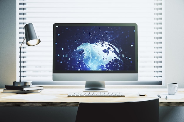 Monitor per computer moderno con linguaggio di programmazione astratto con concetto di ricerca e sviluppo di mappe mondiali rendering 3D
