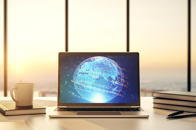 Monitor per computer moderno con linguaggio di programmazione astratto con concetto di ricerca e sviluppo di mappe mondiali rendering 3D