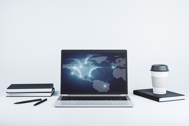Monitor per computer moderno con mappa del mondo digitale astratta con ricerca di connessioni e concetto di strategia Rendering 3D