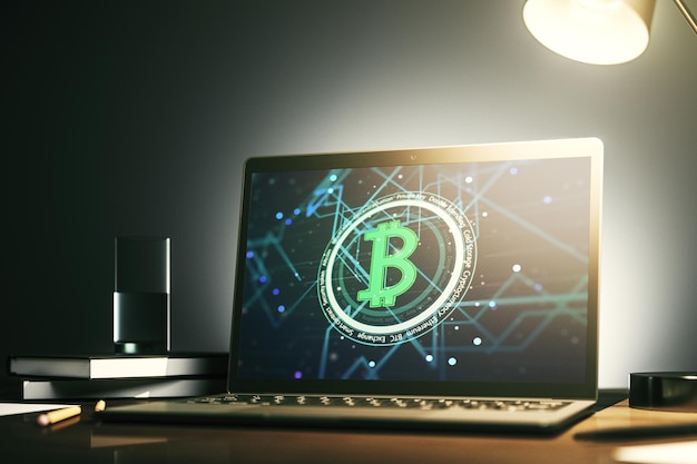 Monitor per computer moderno con simbolo Bitcoin creativo Concetto di criptovaluta Rendering 3D