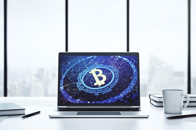 Monitor per computer moderno con simbolo Bitcoin creativo Concetto di criptovaluta Rendering 3D