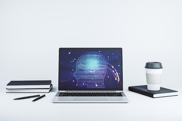 Monitor per computer moderno con simbolo di intelligenza artificiale creativa Reti neurali e concetto di apprendimento automatico Rendering 3D