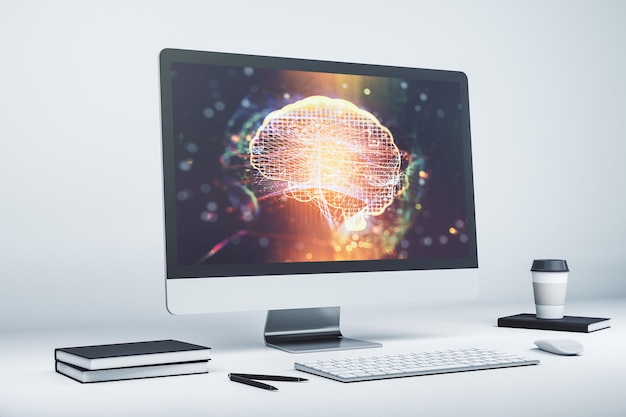 Monitor per computer moderno con simbolo di intelligenza artificiale creativa Reti neurali e concetto di apprendimento automatico Rendering 3D