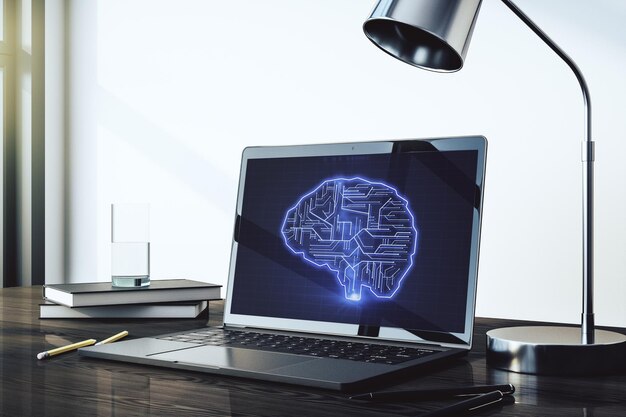 Monitor per computer moderno con simbolo di intelligenza artificiale creativa Reti neurali e concetto di apprendimento automatico Rendering 3D