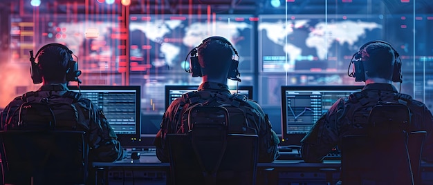 Monitoraggio della sicurezza globale e sorveglianza Soldati in una sala di controllo militare ad alta tecnologia Concetto sorvegliamento militare Sorveglianza della sicurezza globale Sala di controllo ad alta tecnologia Monitoraggio dei soldati