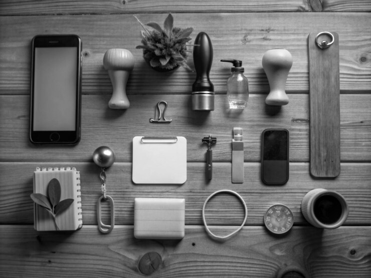 Foto monitore a foglia di legno, telefono, chiave, anello, pezzi di fili, pietre e monitore a foglie di legno.