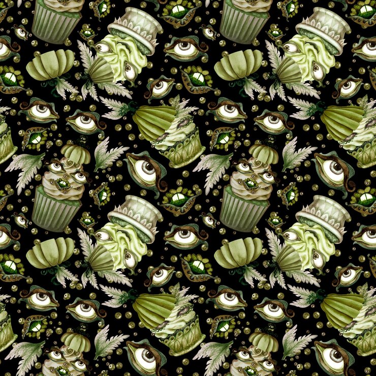 Photo monochrome seamless pattern of crazy green halloween cupcakes with human eyes lips pumpkin hats