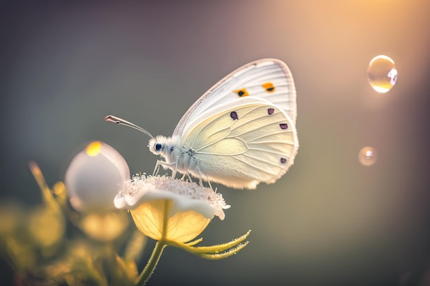 Monshirocho Pieris rapae, una piccola farfalla bianca di cavolo, si nutre di un fiore d'oro