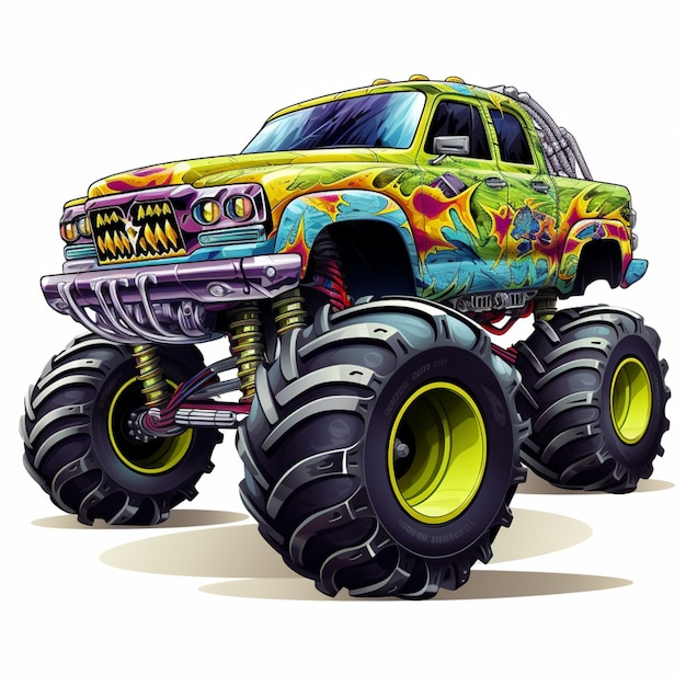 Monster truck dei cartoni animati con colori vivaci e grandi pneumatici generativi ai