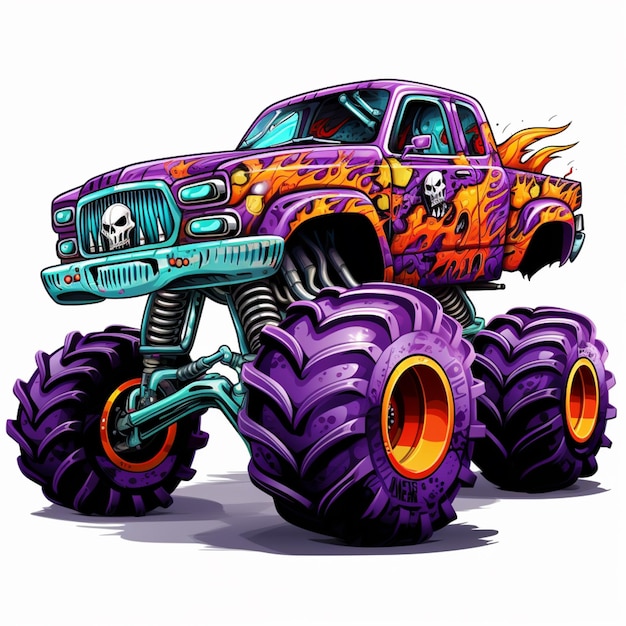Monster truck dei cartoni animati con teschio e fiamme sulle gomme generative ai