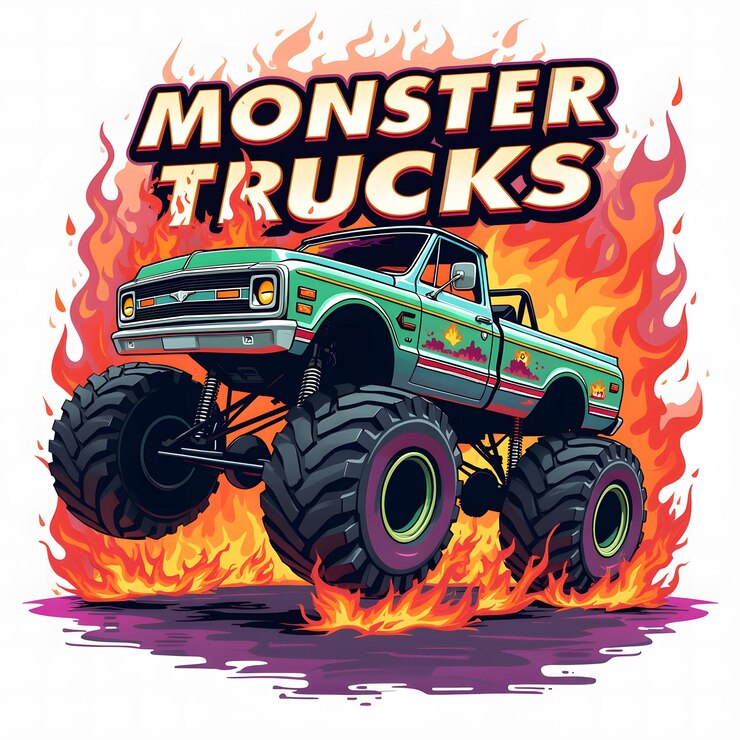 Monster Truck TShirt Clipart Design with RetroFuturistic Background and Bold Typography