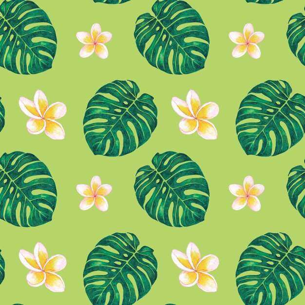 Monstera con fiori. modello senza cuciture. illustrazione botanica ad acquerello