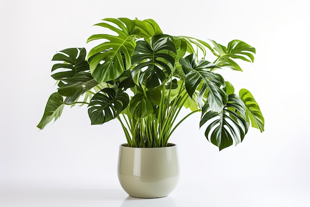 Monstera piante di foglie verdi tropicali in bellissimo vaso bianco su sfondo bianco rendering 3d